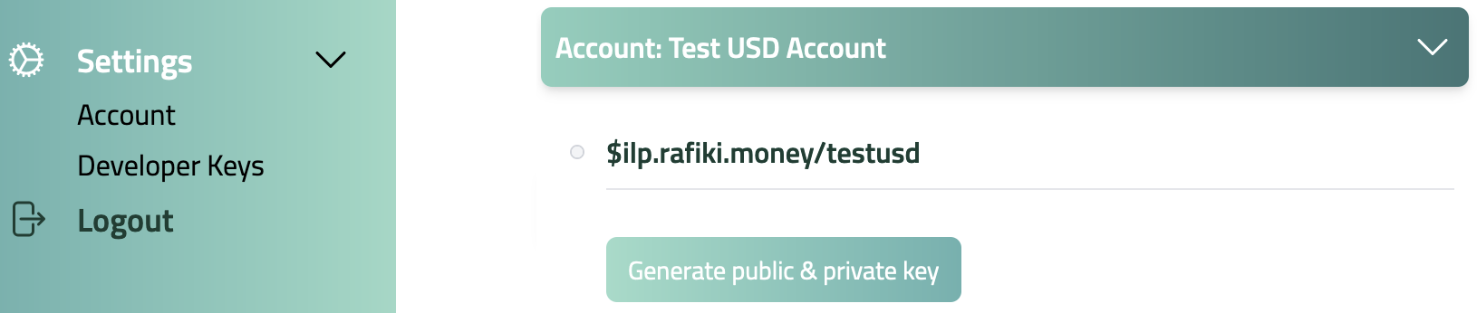 Expanded account showing payment pointer and Generate public & private key button