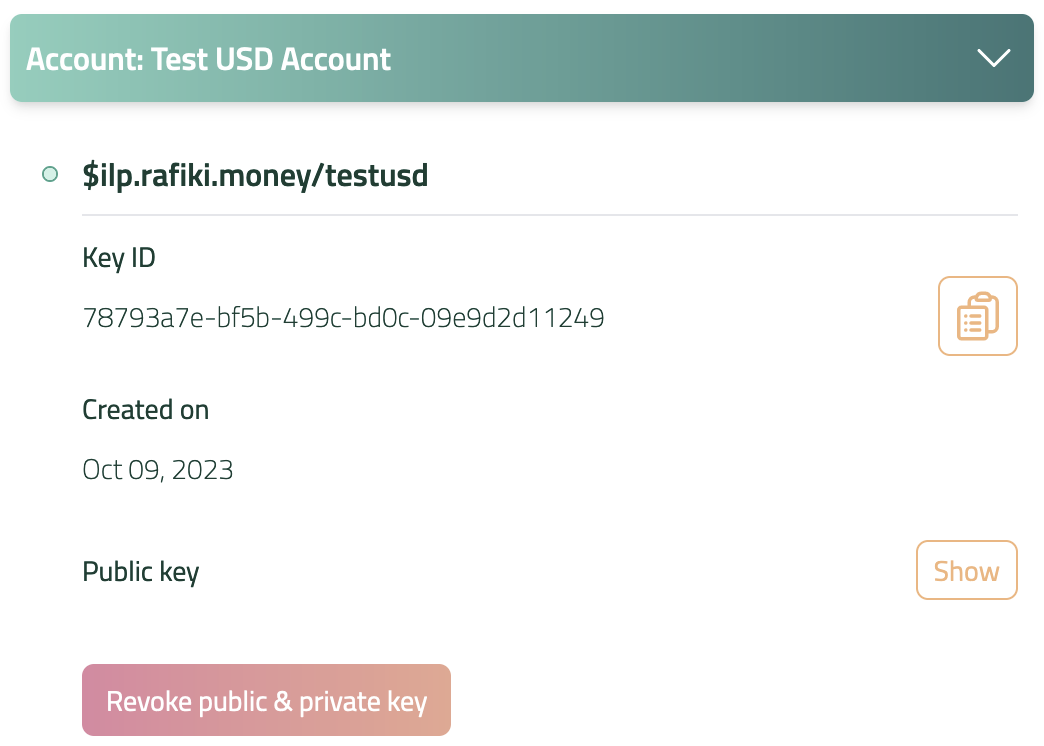 Expanded account showing key ID, option to show public key, and button to revoke public/private keys
